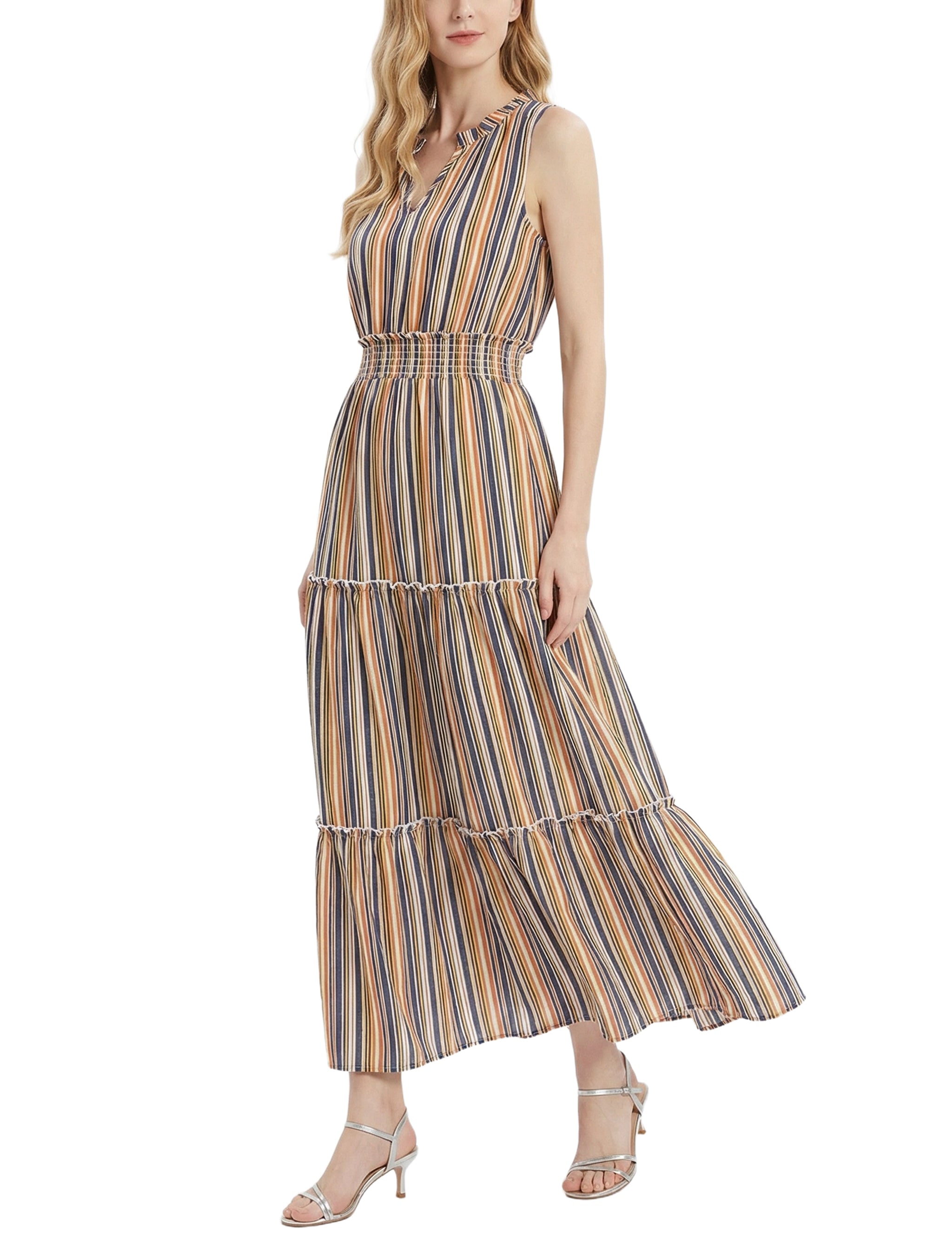Petite Sleeveless Crinkled Maxi Dress Blue Yellow Stripe / PM