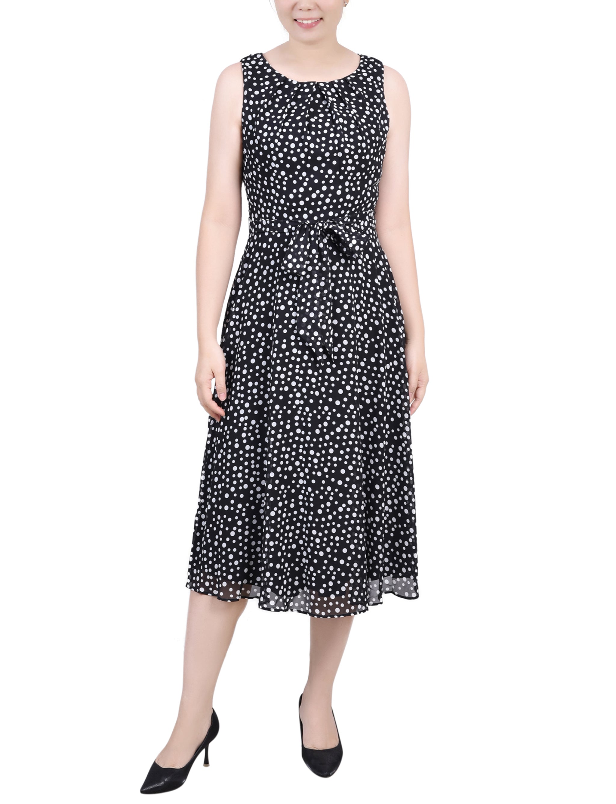 Geo Hippe Peasant Sleeveless Chiffon Belted Dress - Petite