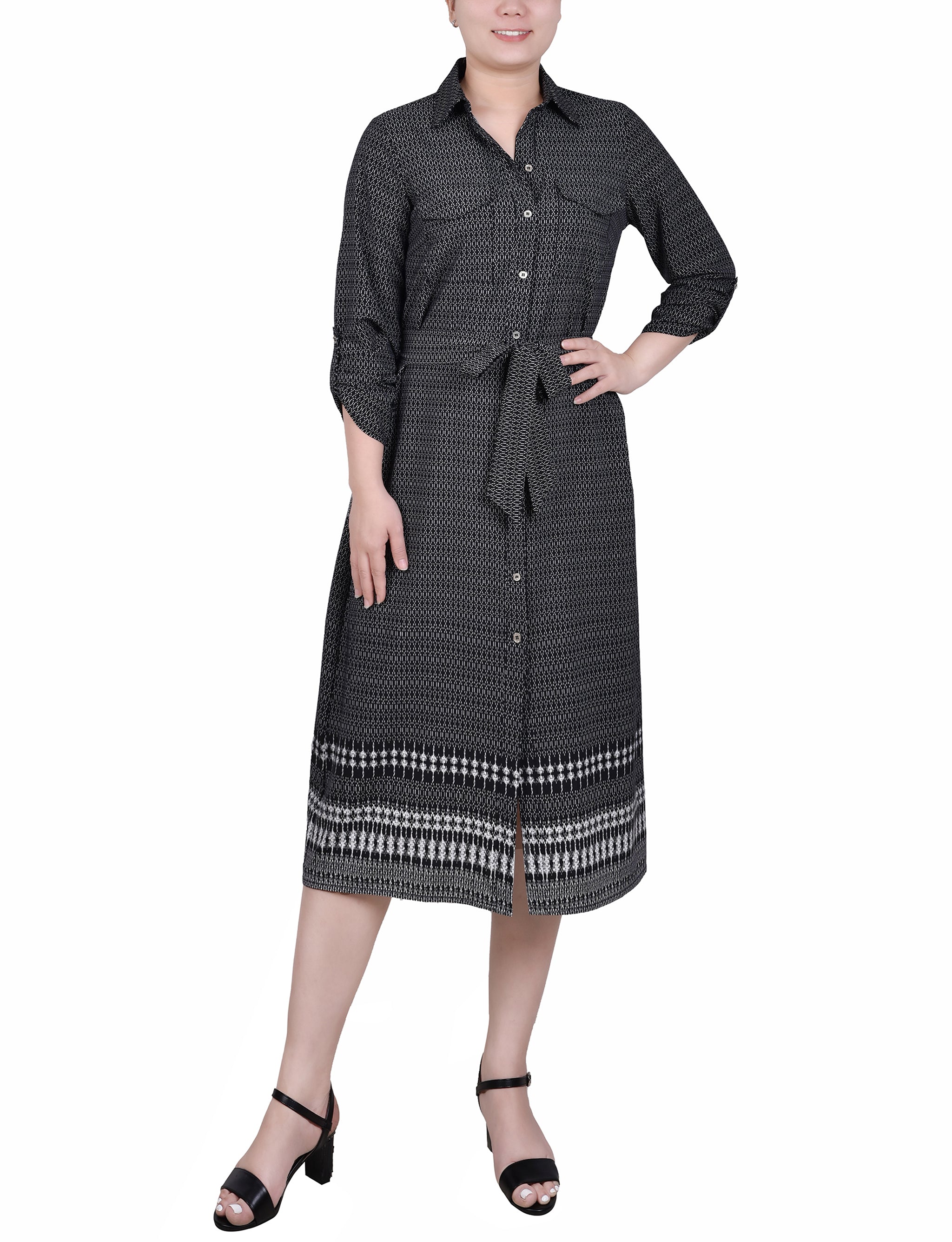 Rust Black Bubble 3/4 Roll Tab Sleeve Belted Shirtdress - Plus