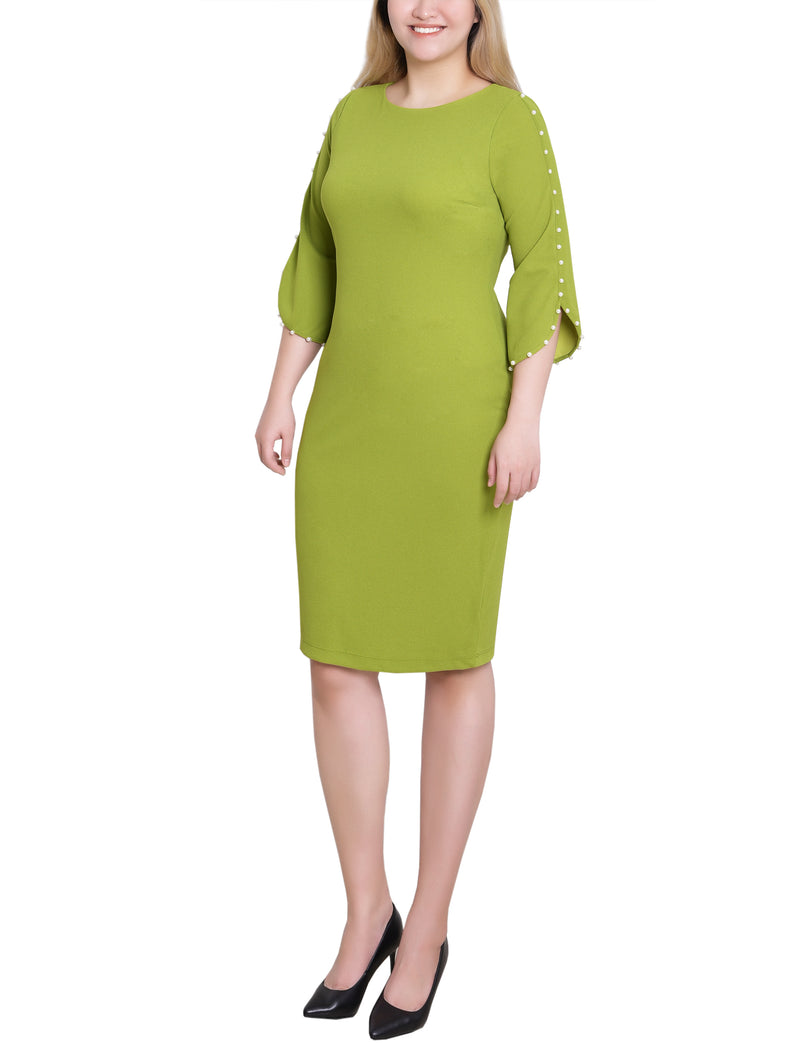 3/4 Pearl-Detail Petal Sleeve Dress