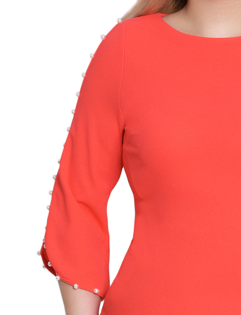 3/4 Pearl-Detail Petal Sleeve Dress