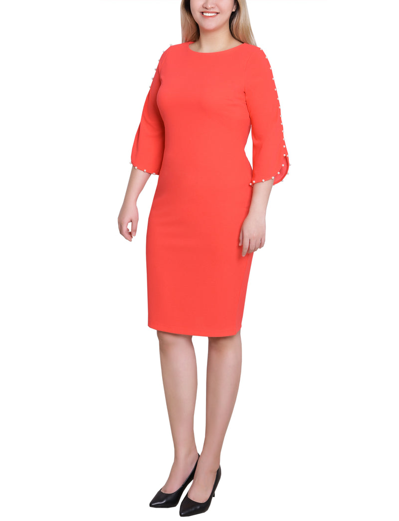 3/4 Pearl-Detail Petal Sleeve Dress