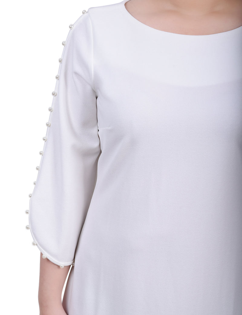 3/4 Pearl-Detail Petal Sleeve Dress