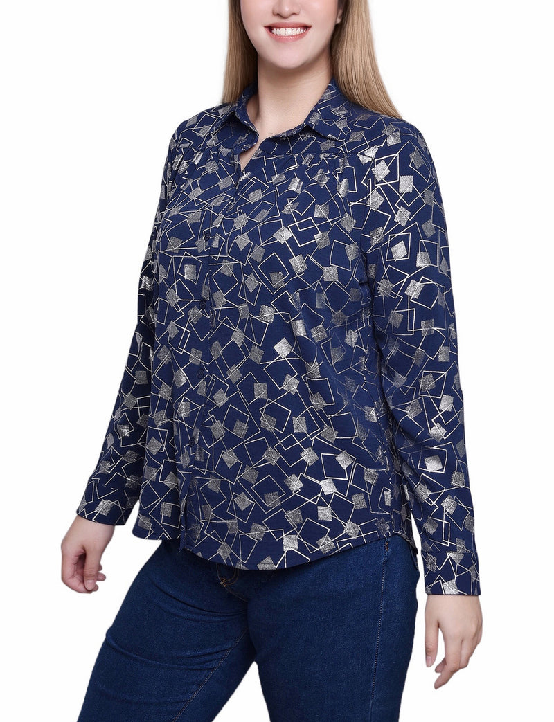 3/4 Sleeve Roll Tab Foil Print Blouse