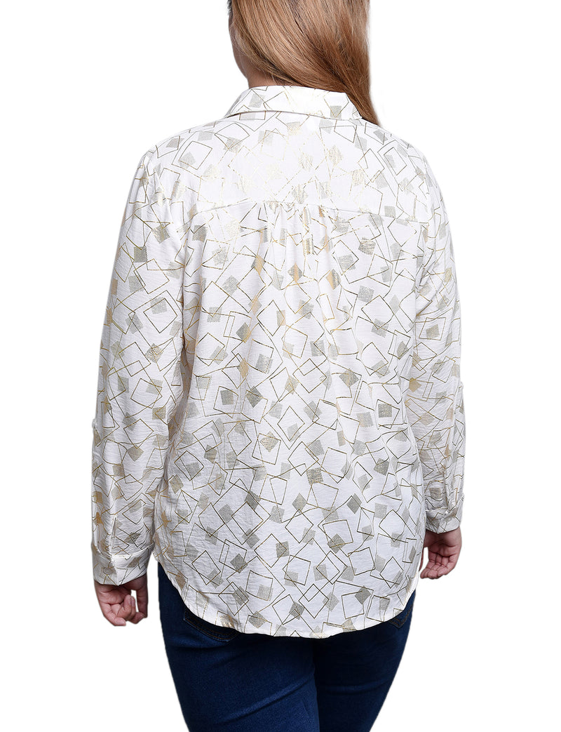 3/4 Sleeve Roll Tab Foil Print Blouse