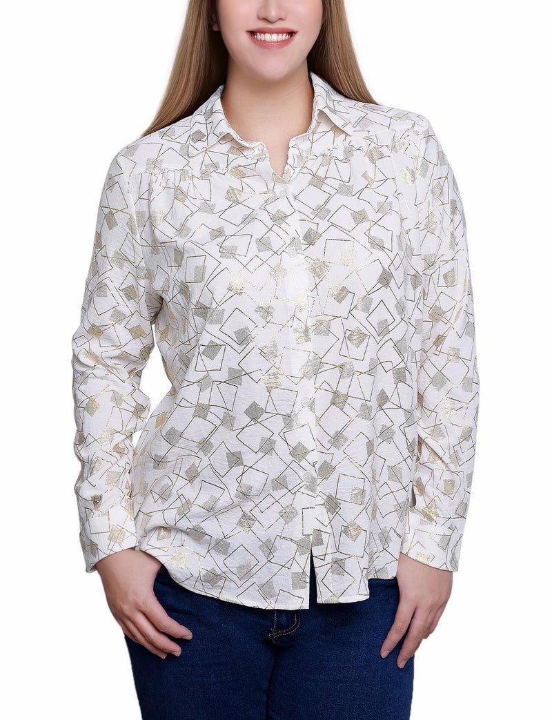 3/4 Sleeve Roll Tab Foil Print Blouse