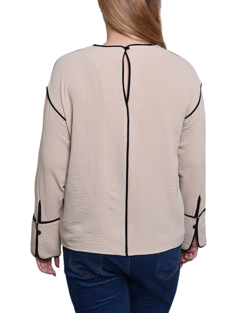 Long Sleeve Contrast Piped Blouse