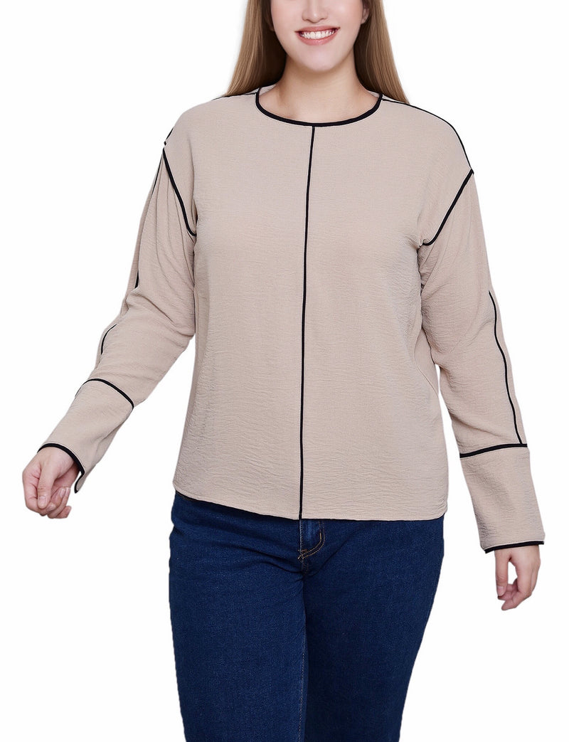 Long Sleeve Contrast Piped Blouse