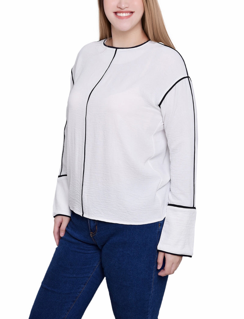 Long Sleeve Contrast Piped Blouse