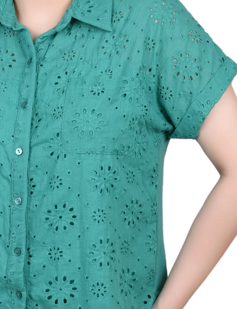 Short Sleeve Eyelet/Jersey Blouse