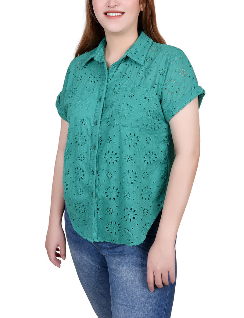 Short Sleeve Eyelet/Jersey Blouse