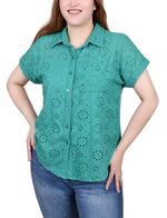 Short Sleeve Eyelet/Jersey Blouse