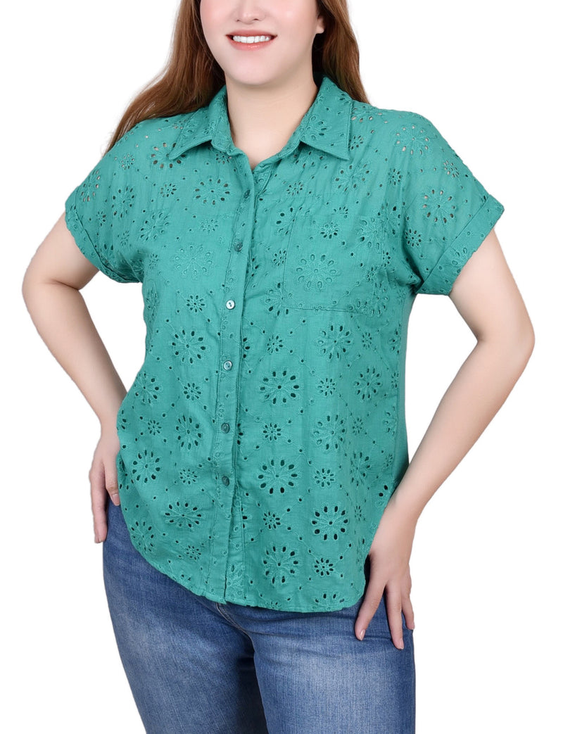 Short Sleeve Eyelet/Jersey Blouse