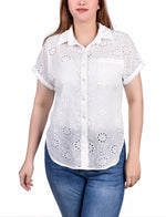 Short Sleeve Eyelet/Jersey Blouse