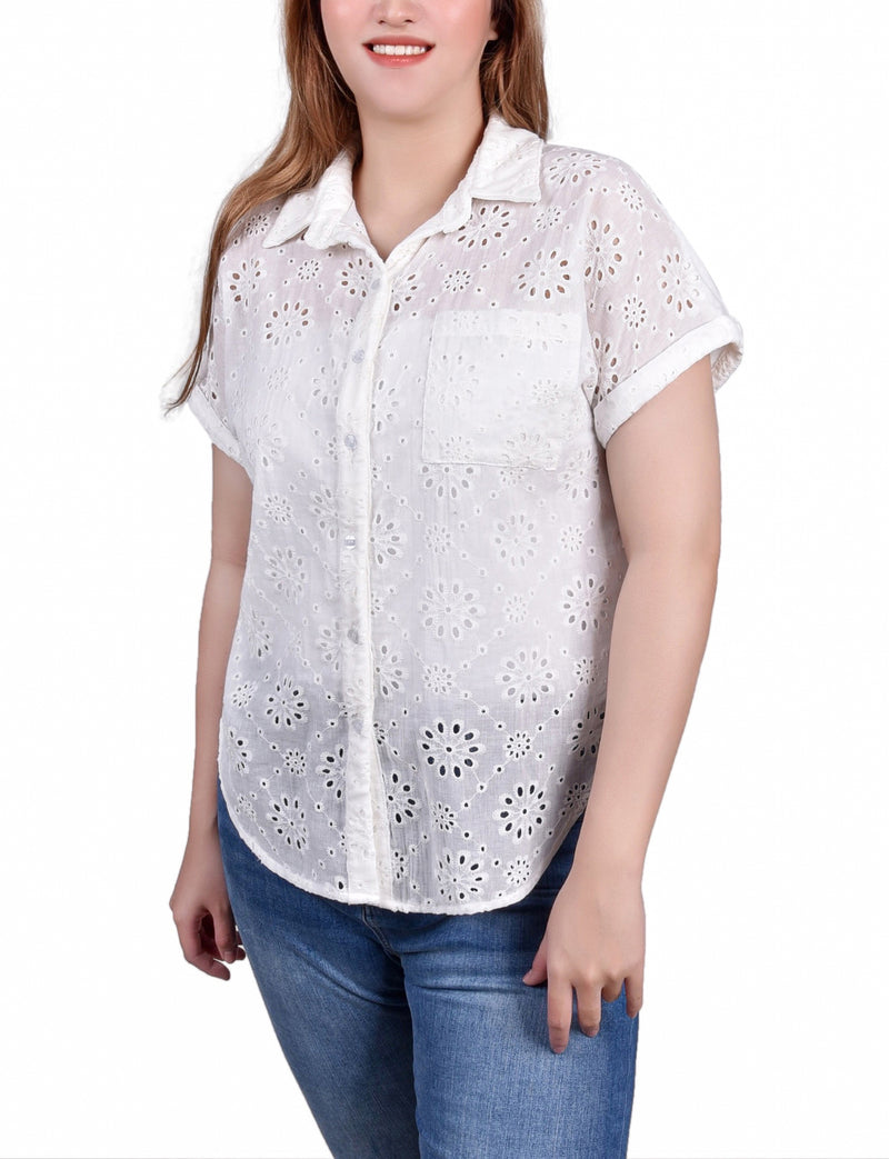 Short Sleeve Eyelet/Jersey Blouse