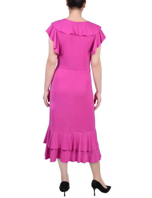 Short flutter Sleeve Ruffle Neck Dress