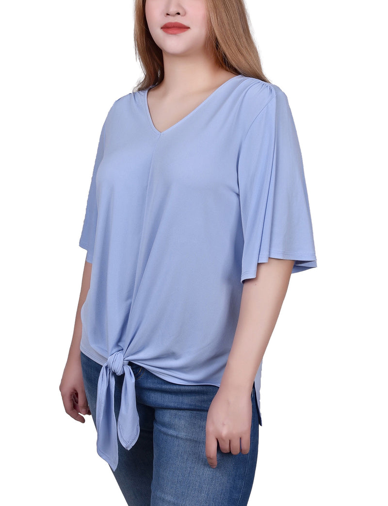 Elbow Sleeve Tie-Front Top