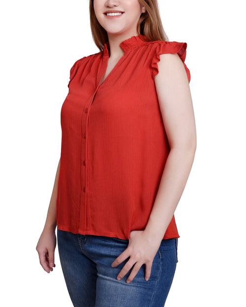 Short Flutter Sleeve Crepon Blouse
