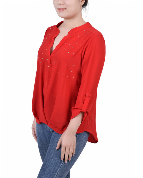 Long Sleeve Y Neck Blouse With Studded Front