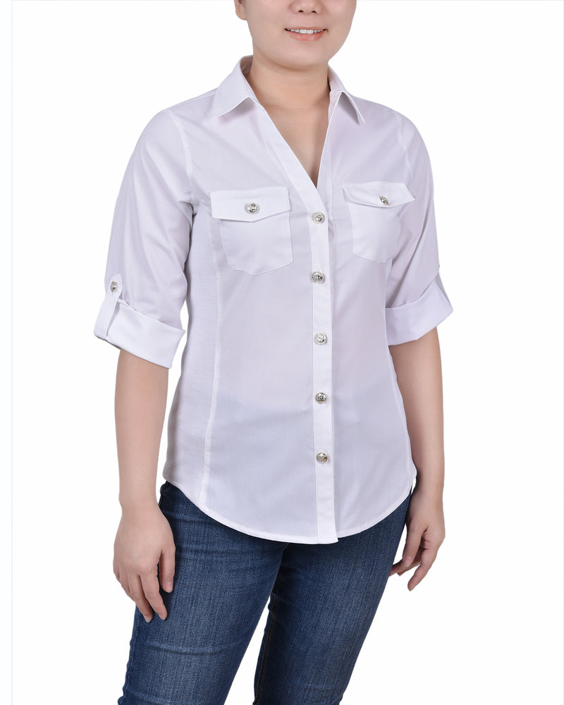 Roll Tab Blouse With Rib Insets