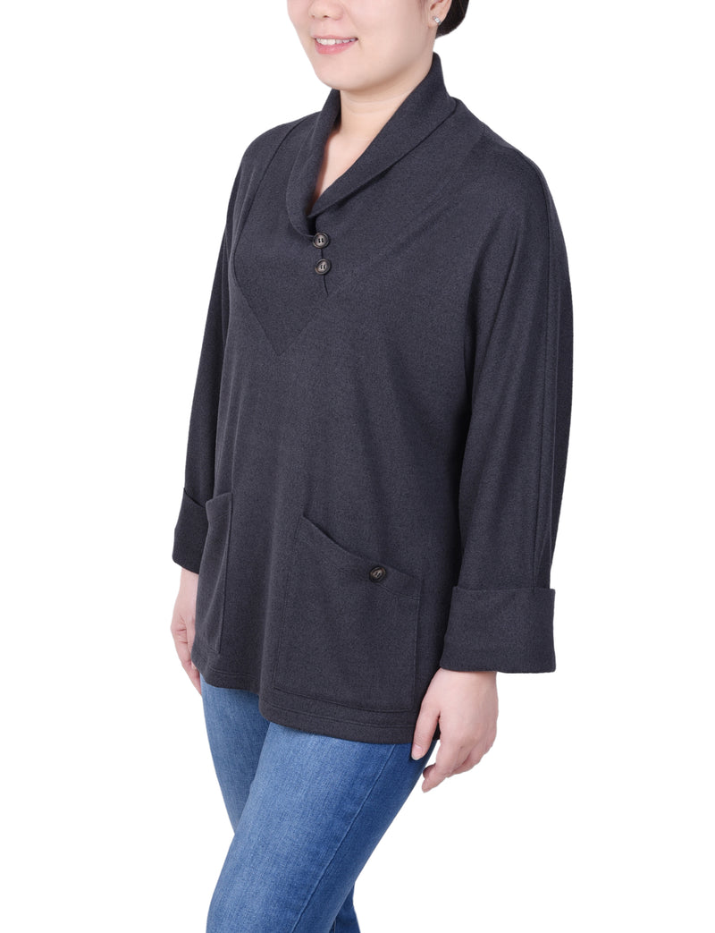 Long Sleeve Shawl Collar Top With Pockets