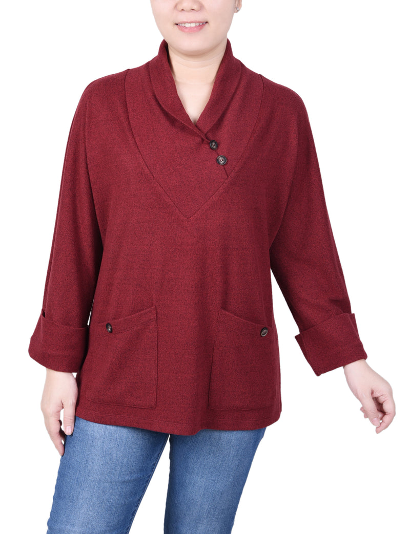 Long Sleeve Shawl Collar Top With Pockets