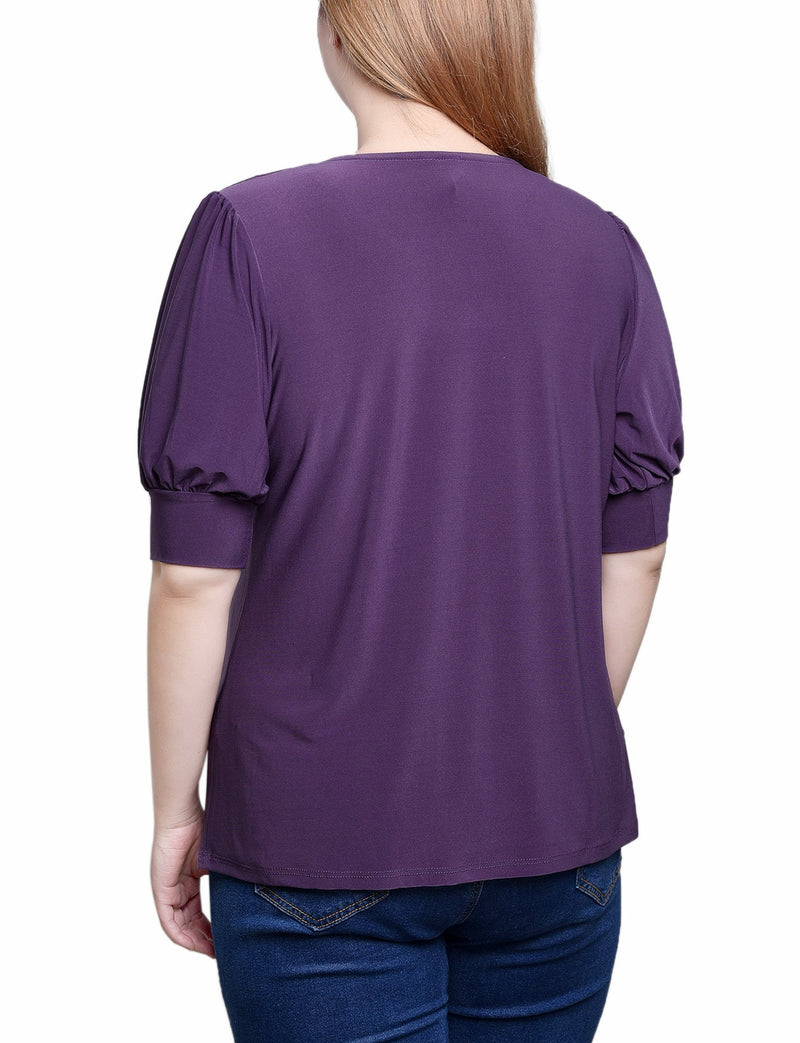 Short Sleeve Balloon Sleeve Top With Hardware