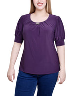 Short Sleeve Balloon Sleeve Top With Hardware