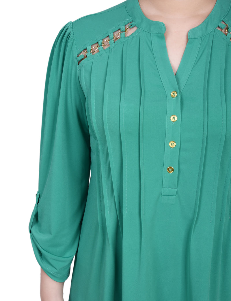 Long Sleeve Pintuck Front Top With Chain Details