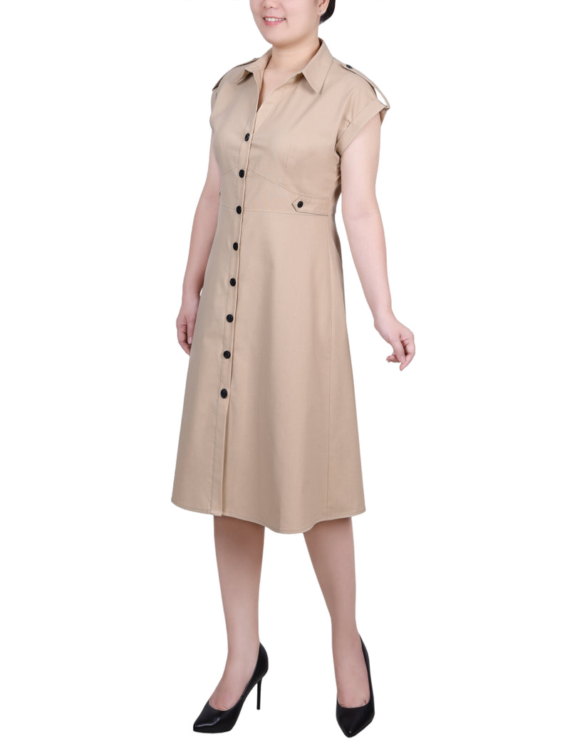 Short Sleeve Button Front Linen Dress