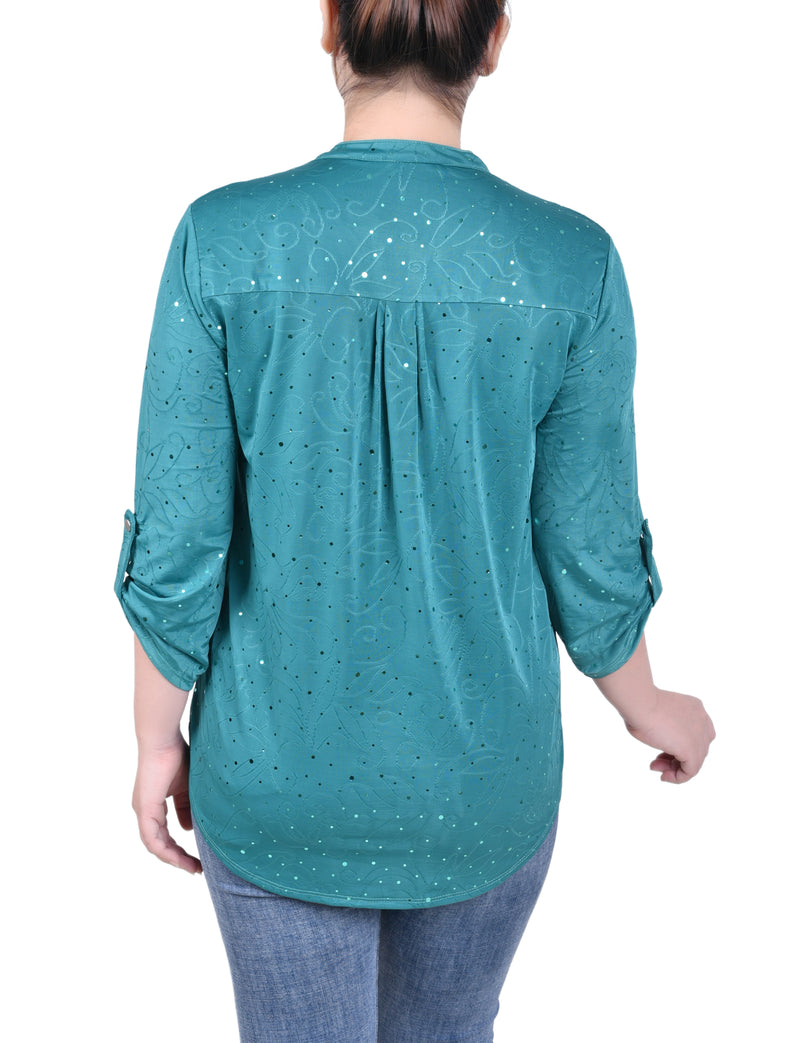 3/4 Sleeve Roll Tab Y Neck Top