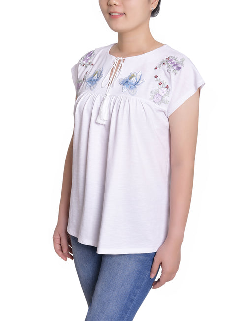 Embroidered Yoke Extended Sleeve Top