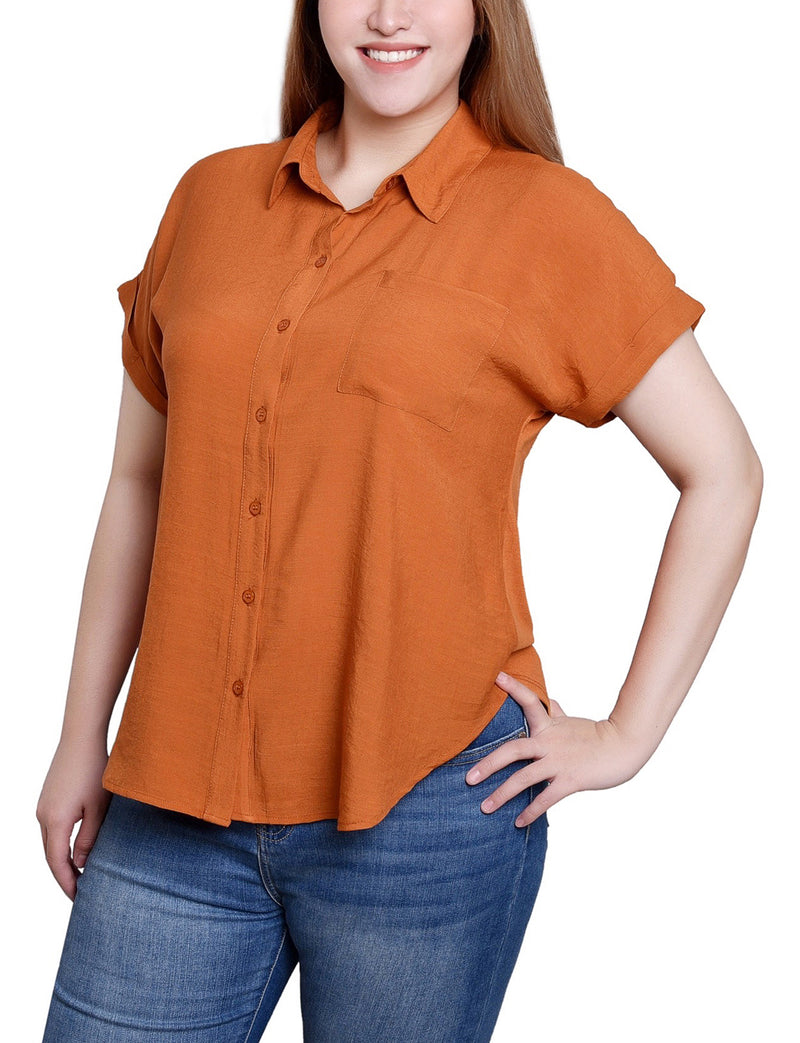 Short Sleeve Woven Front/Jersey Back Top