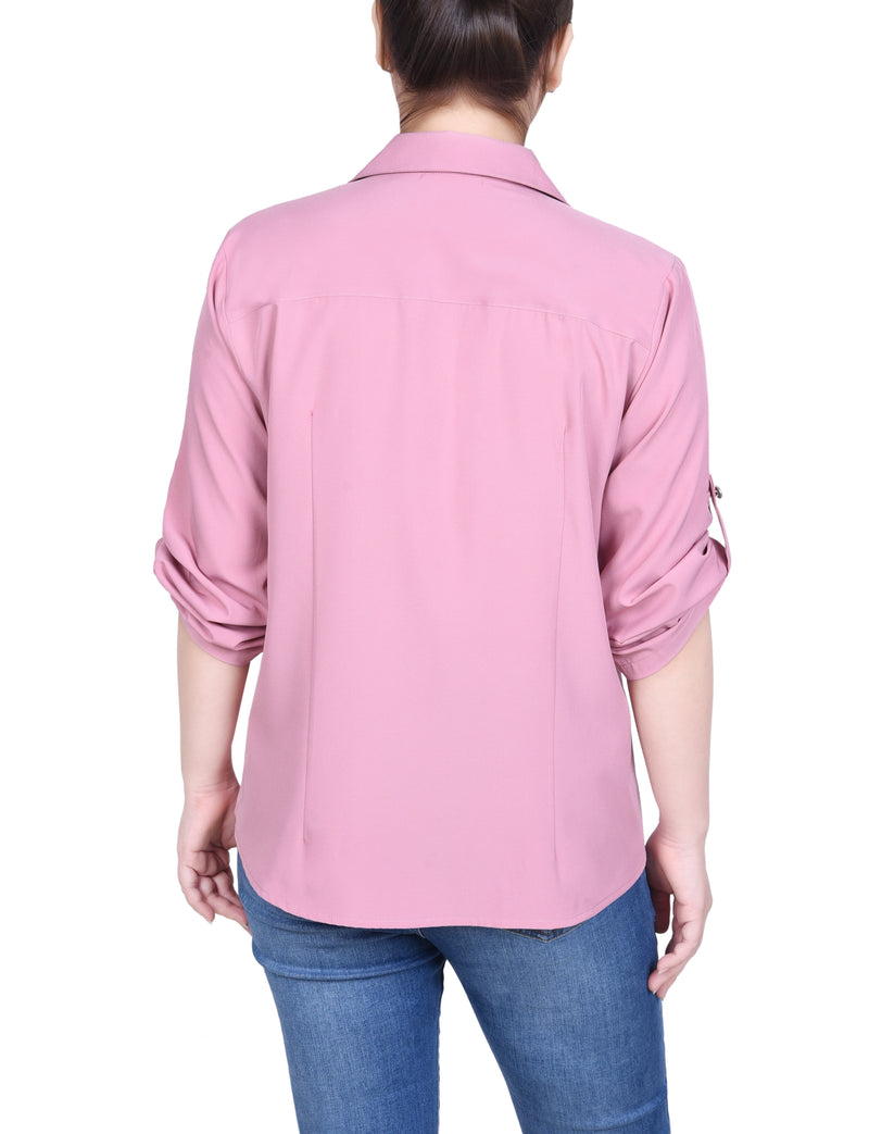 3/4 Roll Tab Sleeve Zip Front Blouse