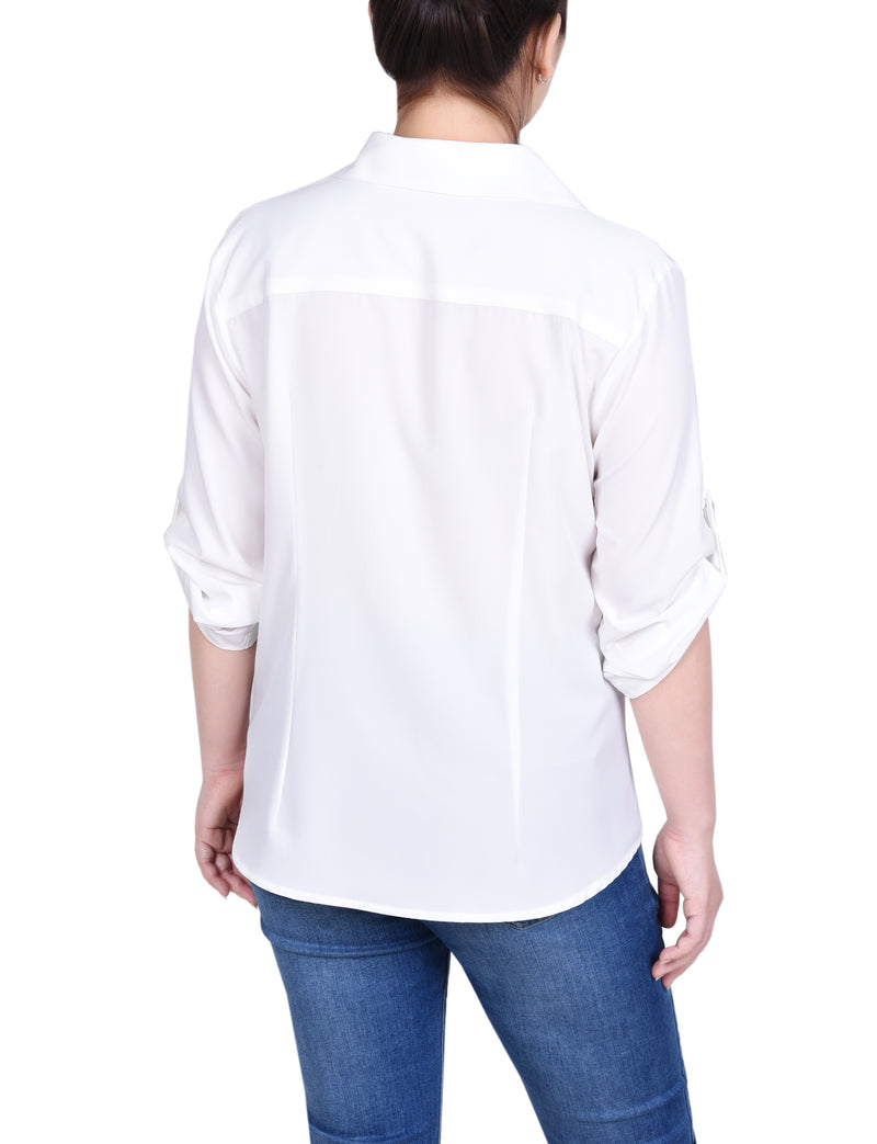 3/4 Roll Tab Sleeve Zip Front Blouse