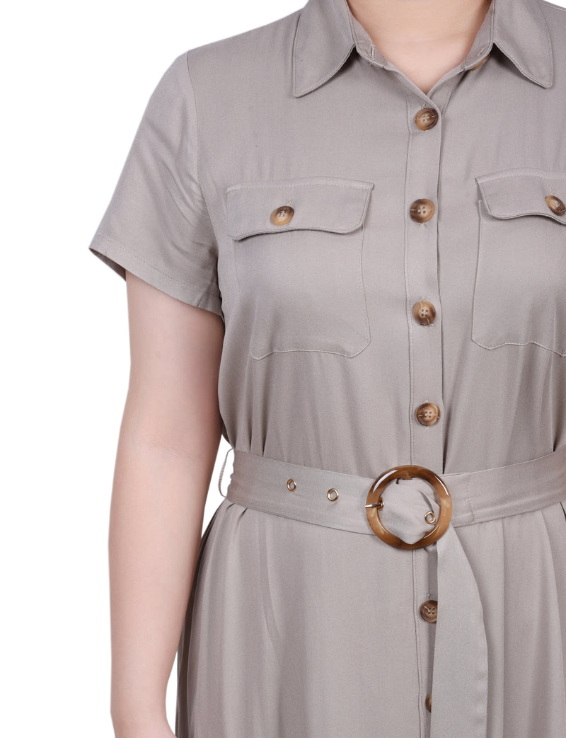 Short Sleeve Midi Twill Dress