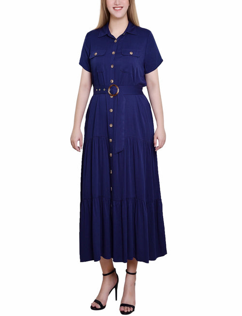 Short Sleeve Midi Twill Dress