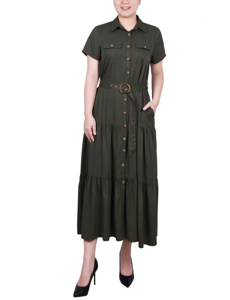 Short Sleeve Midi Twill Dress