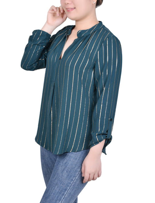 Petite Long Sleeve Foil Striped Blouse