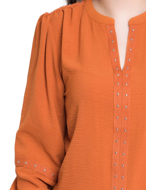 Petite Long Sleeve Studded Blouse