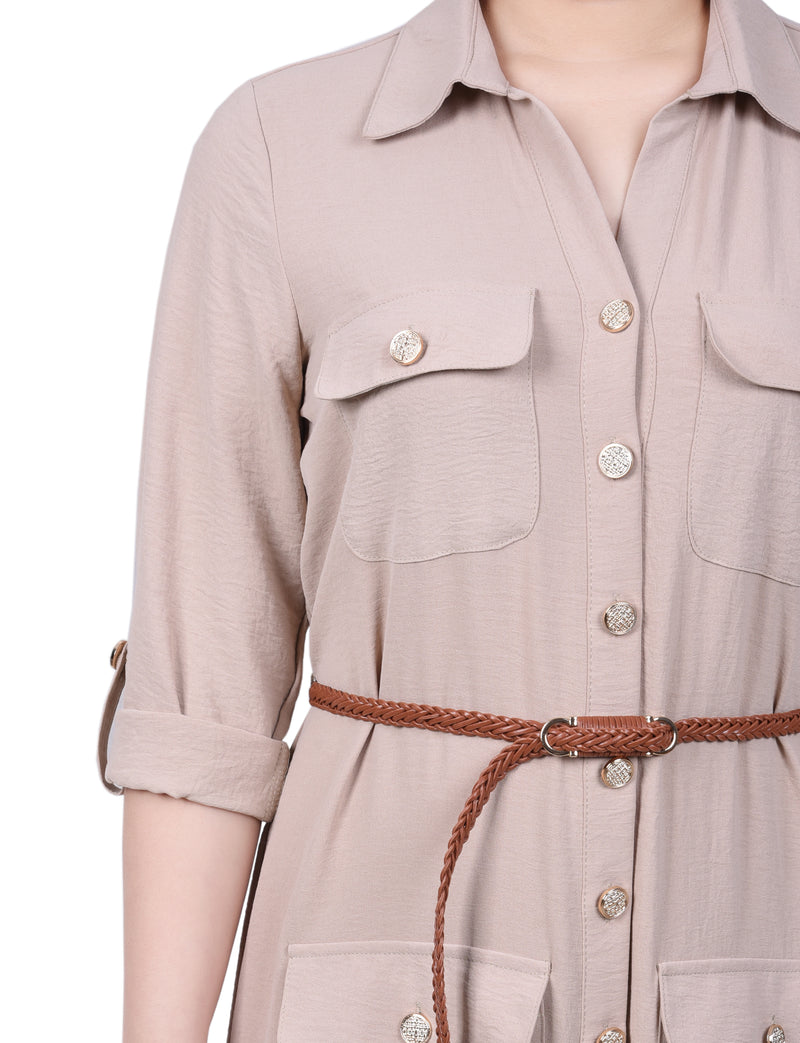 Petite 3/4 Sleeve Safari Style Belted Shirtdress