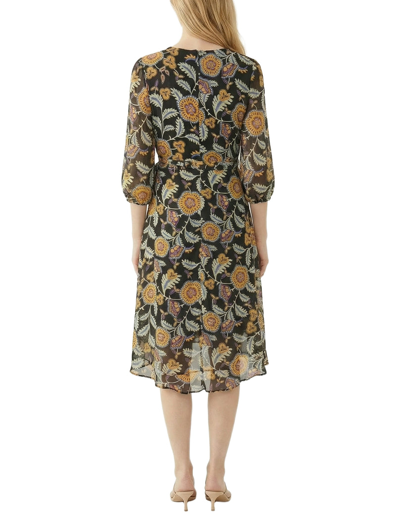 Petite 3/4 Sleeve V Neck Belted Chiffon Dress Black Purple Flowers / PXL