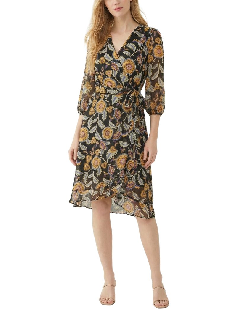 Petite 3/4 Sleeve V Neck Belted Chiffon Dress Black Purple Flowers / PXL