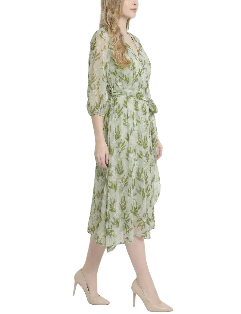 petite chiffon dress 3/4 Sleeve V Neck Belted – NY COLLECTION pattern_Hollow Out Size:MC Casual Summer Dresses for colour may transfer
