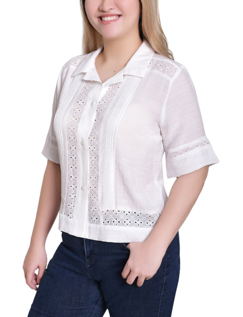 Petite Short Sleeve Eyelet-Inset Blouse