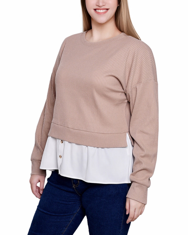 Long Sleeve Two-Fer Top With Gathered Inset