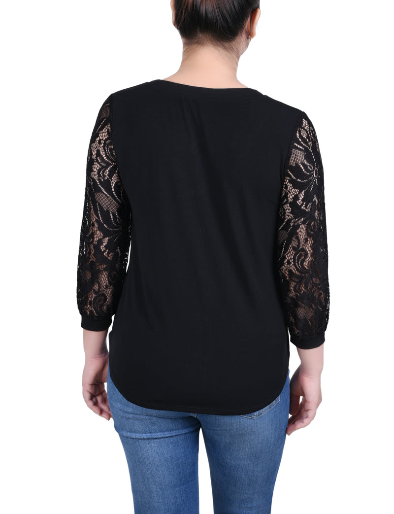Petite Lace-Sleeve V Neck Top