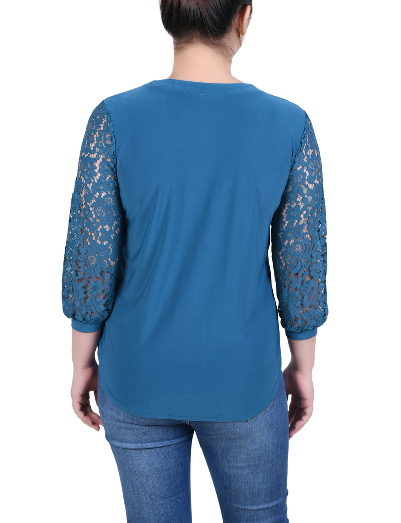 Lace-Sleeve V Neck Top