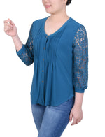 Petite Lace-Sleeve V Neck Top