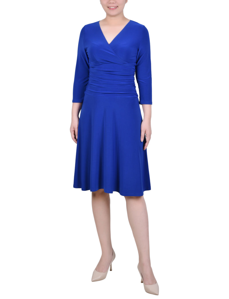 Petite 3/4 Sleeve Rouched-Waist Dress